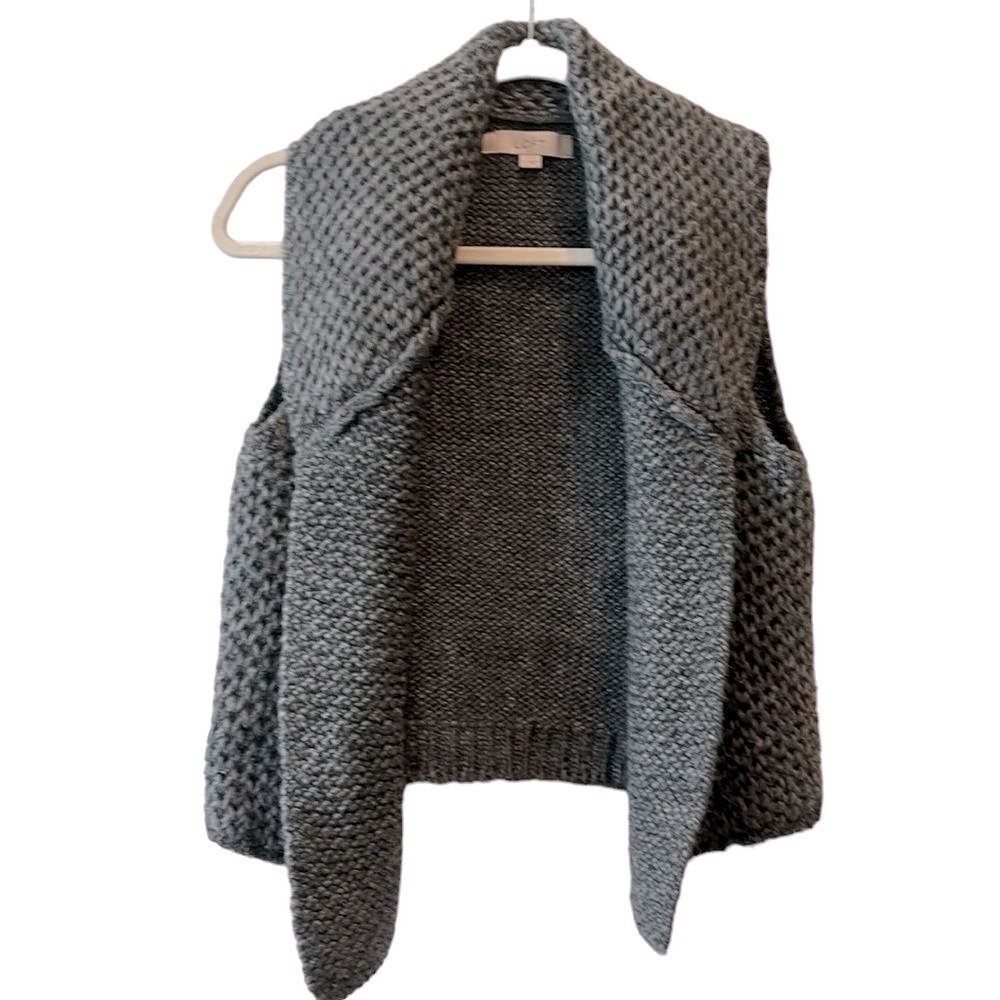 LOFT Gray Chunky Knit Shawl Collar Open Vest Sweater Small Wool Blend​​​​​​